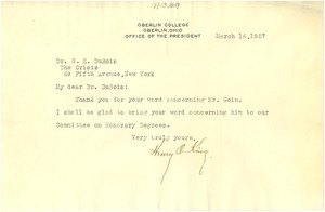 Letter from Oberlin College to W. E. B. Du Bois