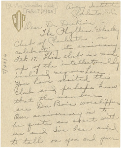 Letter from Charlotte P. DeBerry to W. E. B. Du Bois