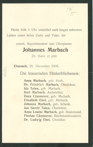 Announcement of the death of Johannes Malbach