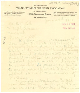 Letter from Philadelphia Y.W.C.A. Germantown Branch to Crisis