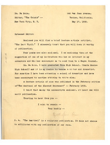 Letter from Elizabeth Laura Adams to W. E. B. Du Bois