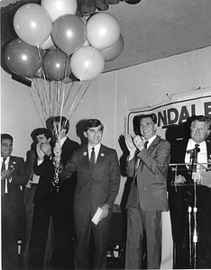 Mayor Raymond L. Flynn with Senators John F. Kerry and Edward M. Kennedy and Governor Michael S. Dukakis (holding balloons) at a John Kerry campaign event