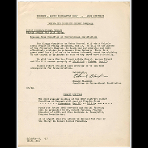 Memorandum from Edward Blackman concerning message from Committee on Correctional Institutions and visit to Walpole State Prison