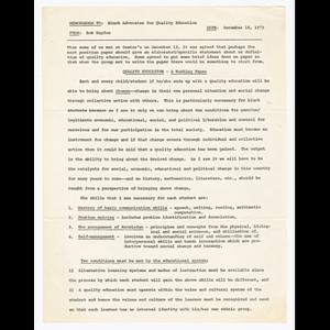Page one of memorandum from Bob Hayden to members of Black Advocates for Quality Education about quality education working paper