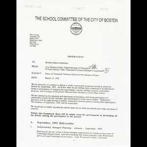 Memorandum from Lois Harrison-Jones and William Spring to Boston School Committee about status of vocational-technical education revitalization project