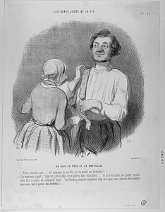 Un JOUR DE FÊTE DE BRETELLES. - Tiens mon bon ami..... à l'occasion de ma fête je t'ai brodé ces bretelles!.... - (Le monsieur à part) Sapristi j'en ai déjà onze paires dans mon tiroir.... et je n'en serai pas quitte encore cette fois à moins de cinquante écus!.. les femmes abusent vraiment trop de ce que nous portons des culottes, pour nous faire porter des bretelles!...