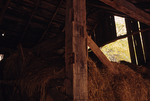 Moon Barn interior in Moon Lot - Primmer Farm. Post-and-beam construction in haymow.