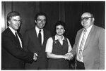 Portrait of Professor Richard Priess, President Daniel H. Perlman, Professor Agnes S. Bain, College of Arts and Sciences (CAS) Dean Michael R. Ronayne, photograph, 1983