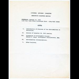 Agenda for Citizens Advisory Committee (CAC) Executive Committee meeting on January 19, 1966