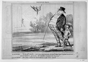 Mr. PRUDHOMME. - Tu vois, oh! mon fils . . . . , voici encore une innocente victime frappée par le plomb meurtrier ! . . . . pauvre canard !!! . . . . puisses tu, . . . . oh! mon fils, ne jamais être chasseur ! . . . . . LE JEUNE ADOLPHE. - Mais papa, j'aimerais encore mieux ça que d'être canard! . . . .