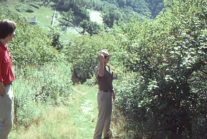 F.H. Bormann (right) giving middle finger salute to the photographer while Taber Allison (left) looks on, on Taconic Crest Trail near Petersburg Pass.