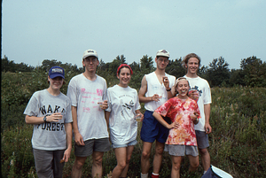 Last day of Permanent Plot Survey III. Permanent Plotters enjoy cigars and champagne atop Jim Smith Hill. Left to right: Susan Halbach (Class of 1997), Charles Wall, Amy Smith, Tim Billo, Dawn Biehler (All Class of 1997), and Ben Montgomery (Class of 1998).