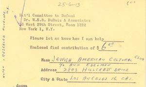 Postcard from Jewish American Cultural Club to National Committee to Defend Dr. W. E. B. Du Bois and Associates in the Peace Information Center