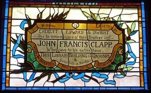 Clapp Memorial Library: interior view of stained glass window (detail)