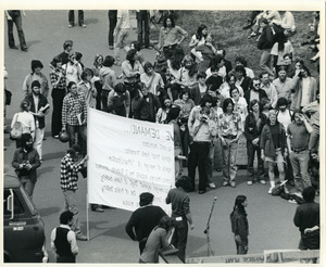 Board of Trustees fee increase demonstration: protesters gathered in front of the Whitmore Administration Building