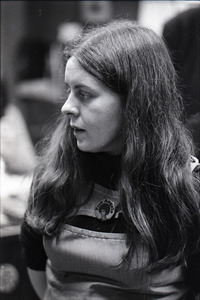 Bernadette Devlin McAliskey at the WBCN studios, wearing a 'Free Angela' Davis button