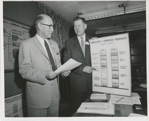 Colonel Fletcher and Gorthy going over ICD's financial summary at a joint meeting of the American society of tool engineers and ICD