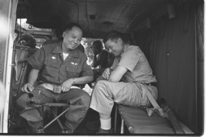 General Khanh and McNamara in a UH helicopter.