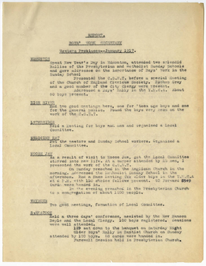 YMCA Boys Work Secretary Report for Western Provinces of Canada, January 1917
