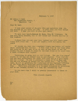 Letter from Laurence L. Doggett to Arthur S Lamb (February 7, 1917)