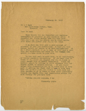 Letter from Laurence L. Doggett to Arthur S. Lamb (February 19, 1917)