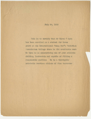 Letter of recommendation from Laurence L. Doggett about Harry S. Lyon (July 24, 1918)
