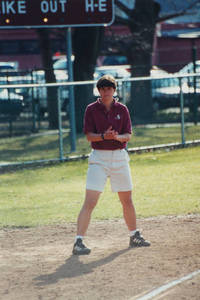 SC Softball Coach Kathleen Mangano standing by Third Base, 2001