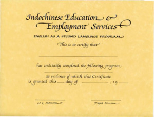 English as a Second Language program completion certificate, 1982?