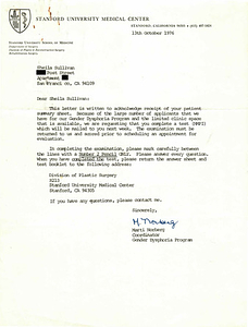 Correspondence from Marti Norberg to Lou Sullivan (October 13, 1976)