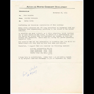 Letter from Dorothy Abramson to Otto Snowden about travel and work expenses for Helen Davis