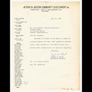 Letter from Joseph Slavet to Otto Snowden about Action for Boston Community Development (ABCD) check to Freedom House