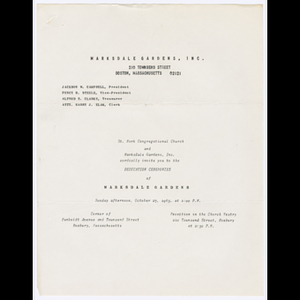 Invitation from St. Mark Congregational Church and Marksdale Gardens, Inc. to Marksdale Gardens dedication ceremonies on October 27, 1963 and letter from O'Neal Isom to members of St. Mark Congregational Church about securing a parsonage