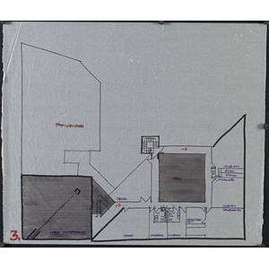 Harriet Tubman House third floor room layout with multipurpose space, roof, deck, staff area, kitchenette, and storage areas