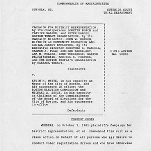 Superior court order for civil action between the Campaign for Representation and Mayor Kevin H. White