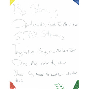 "Be Strong" Boston acrostic from a student at Rancho Gabriela Elementary School (Surprise, Arizona)