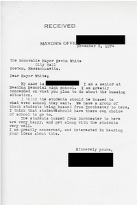 Correspondence between Mayor Kevin White and a student at Reading Memorial High School