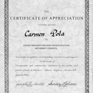 This certificate of appreciation is hereby awarded Carmen Pola by Crisis Prevention and Intervention Advisory Council