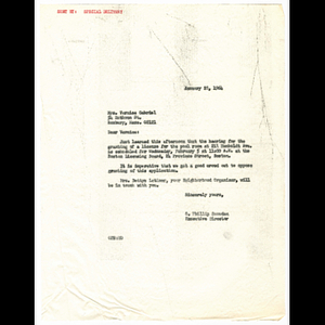 Letter from Otto Snowden to Vernice Gabriel concerning 211 Humboldt Avenue pool room license hearing held February 5, 1964