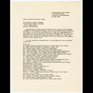 Letter and petition from attendees of May 16, 1961 meeting to Mr. McLernon expressing opposition to the removal of Warren Street line