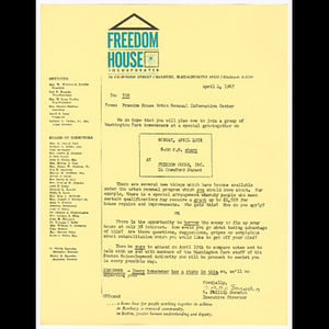 Memorandum from Freedom House Urban Renewal Information Center and O. Phillip Snowden, Executive Director about meeting on April 10, 1967 to discuss changes to urban renewal program