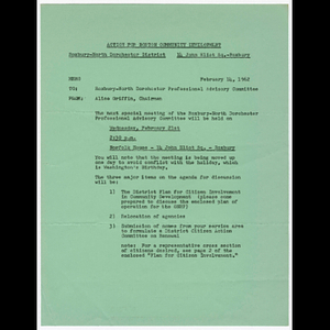 Memorandum from Alice Griffin to Roxbury-North Dorchester Professional Advisory Committee about attending meeting on February 21, 1962