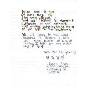 Letter of sympathy from a student at Rancho Gabriella Elementary School (Surprise, Arizona)