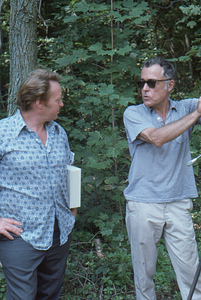 Richard Babcock (left) and Hank Flynt (right) at Moon Barn Raising at entrance to Hopkins Forest on 2 August 1975.
