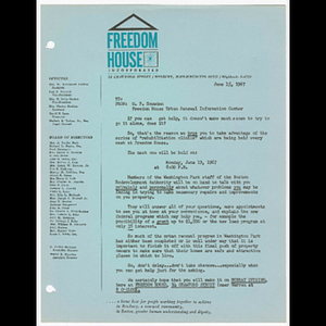 Memorandum from O.P. Snowden and Freedom House Urban Renewal Information Center about rehabilitation clinic on June 19, 1967