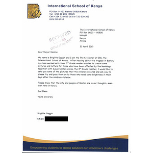 Letter to the city of Boston from the International School of Kenya