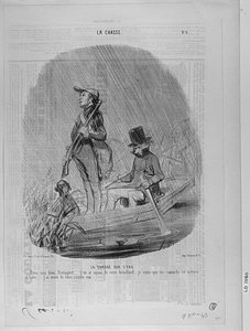 La CHASSE SUR L'EAU. Dites-moi donc, Fromageot... j'en ai assez de votre brouillard; je crois que les canards se mettent à l'abri... j'ai envie de faire comme eux.