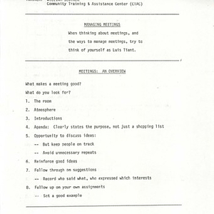 Class handouts from "Managing Meetings: When thinking about meetings, and the ways to manage meetings, try to think of yourself as Luis Tiant."