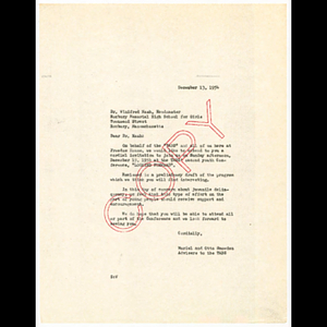 Letter from Muriel and Otto Snowden of Freedom House to Winifred Nash, Headmaster of the Roxbury Memorial High School for Girls, about the TABS youth conference