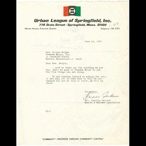 Letter from Mrs. Freddie Jackson of the Urban League of Springfield to Euryne Wright about visit to Freedom House