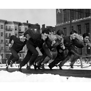 Students foot racing in front of the YMCA